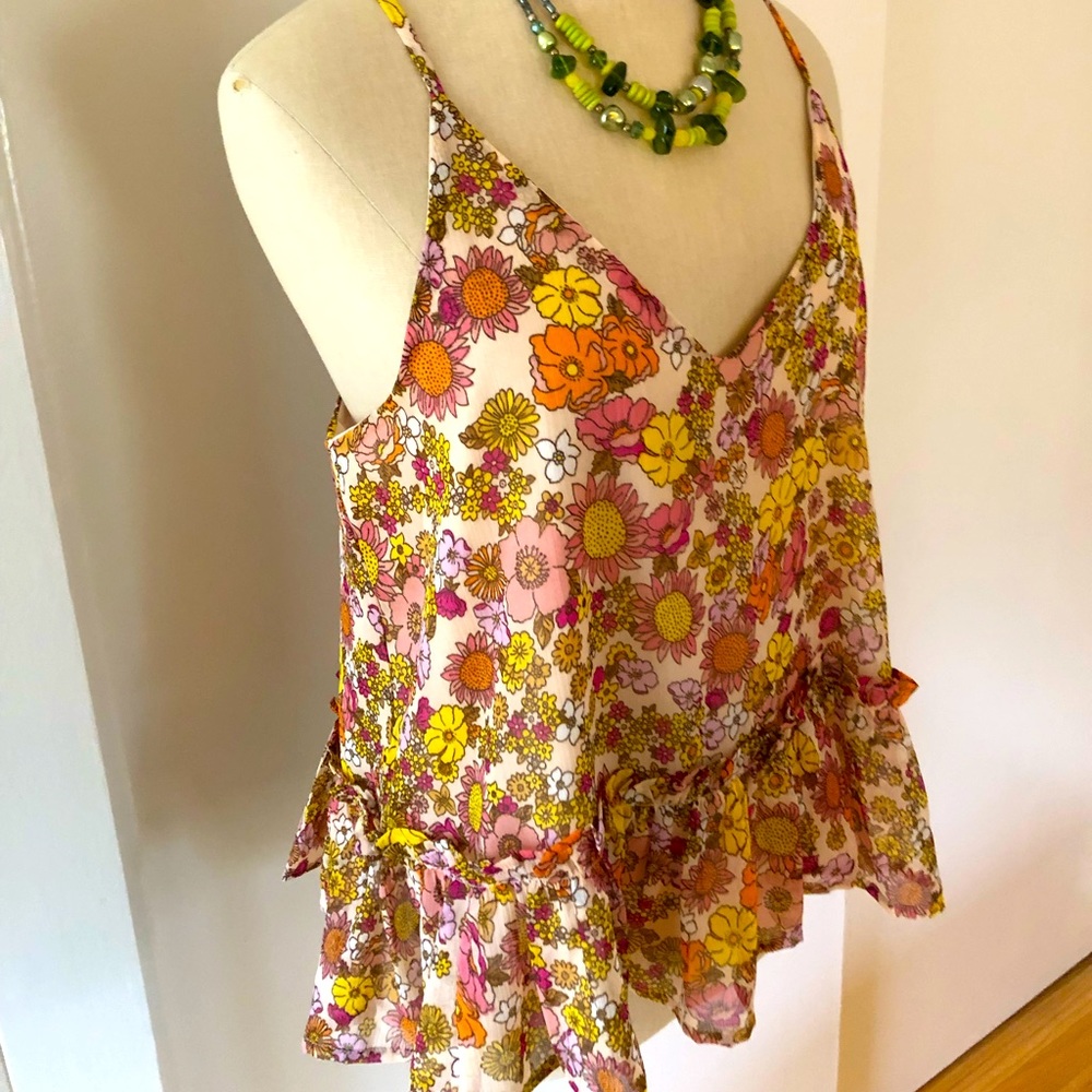 NWT Patrons of Peace Papaya Print Ruffle Hem Cami Tank, size M